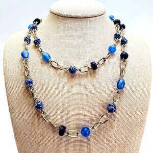 Liz & Co Vintage Glass Bead Station Necklace Adjustable Length Blue Stones